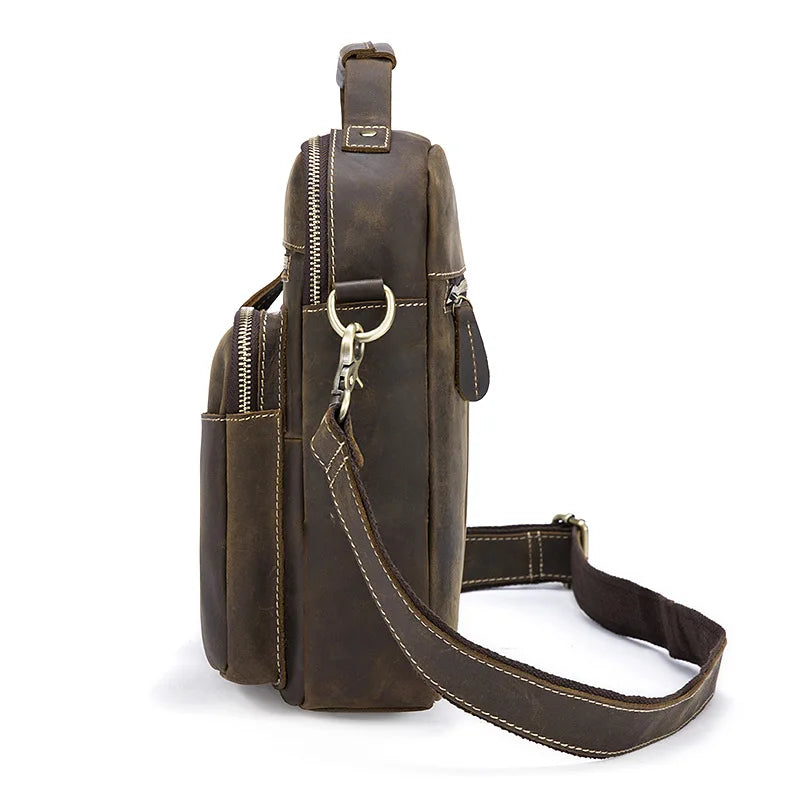 Crazy Horse Genuine Leather Men Shoulder Bag Cowhide Double Zipper Pockets Multifunctional Messenger bag Vintage mini handbag