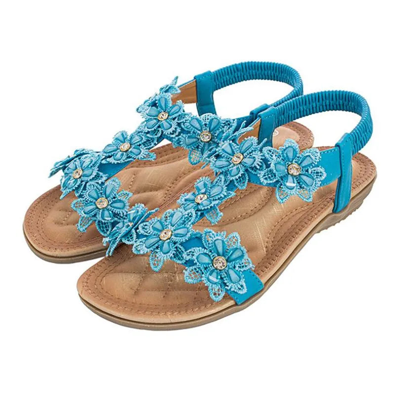 BEYARNEComfortable flat sandals women big size summer shoes woman bohemia flowers rhinestone beach ladies shoes thongs