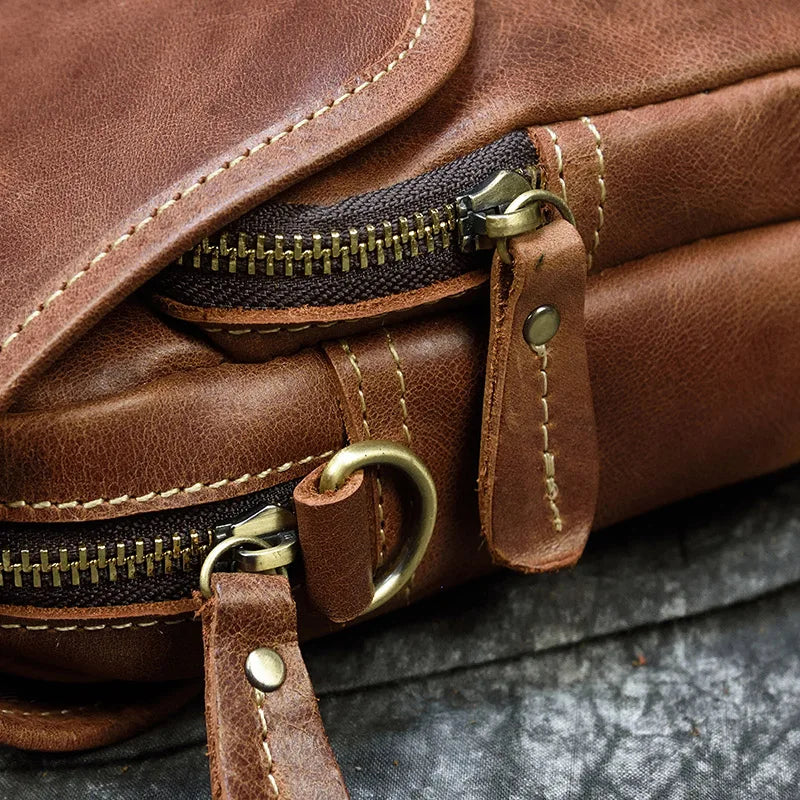 Crazy Horse Genuine Leather Men Shoulder Bag Cowhide Double Zipper Pockets Multifunctional Messenger bag Vintage mini handbag