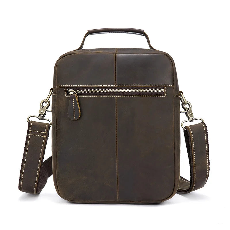 Crazy Horse Genuine Leather Men Shoulder Bag Cowhide Double Zipper Pockets Multifunctional Messenger bag Vintage mini handbag