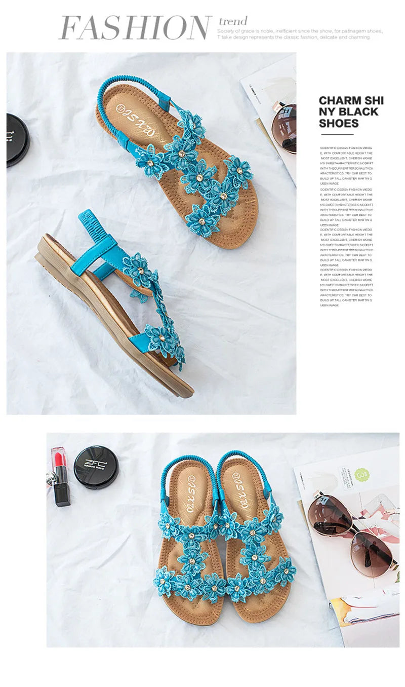 BEYARNEComfortable flat sandals women big size summer shoes woman bohemia flowers rhinestone beach ladies shoes thongs