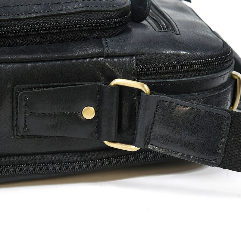 Crazy Horse Genuine Leather Men Shoulder Bag Cowhide Double Zipper Pockets Multifunctional Messenger bag Vintage mini handbag