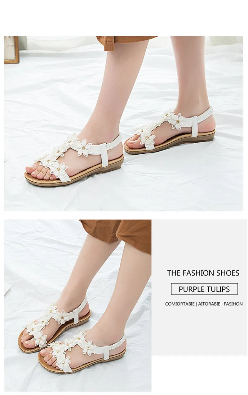 BEYARNEComfortable flat sandals women big size summer shoes woman bohemia flowers rhinestone beach ladies shoes thongs