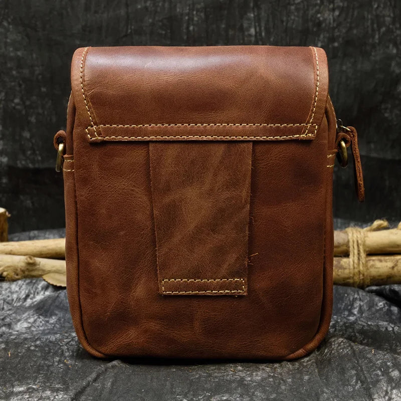Crazy Horse Genuine Leather Men Shoulder Bag Cowhide Double Zipper Pockets Multifunctional Messenger bag Vintage mini handbag