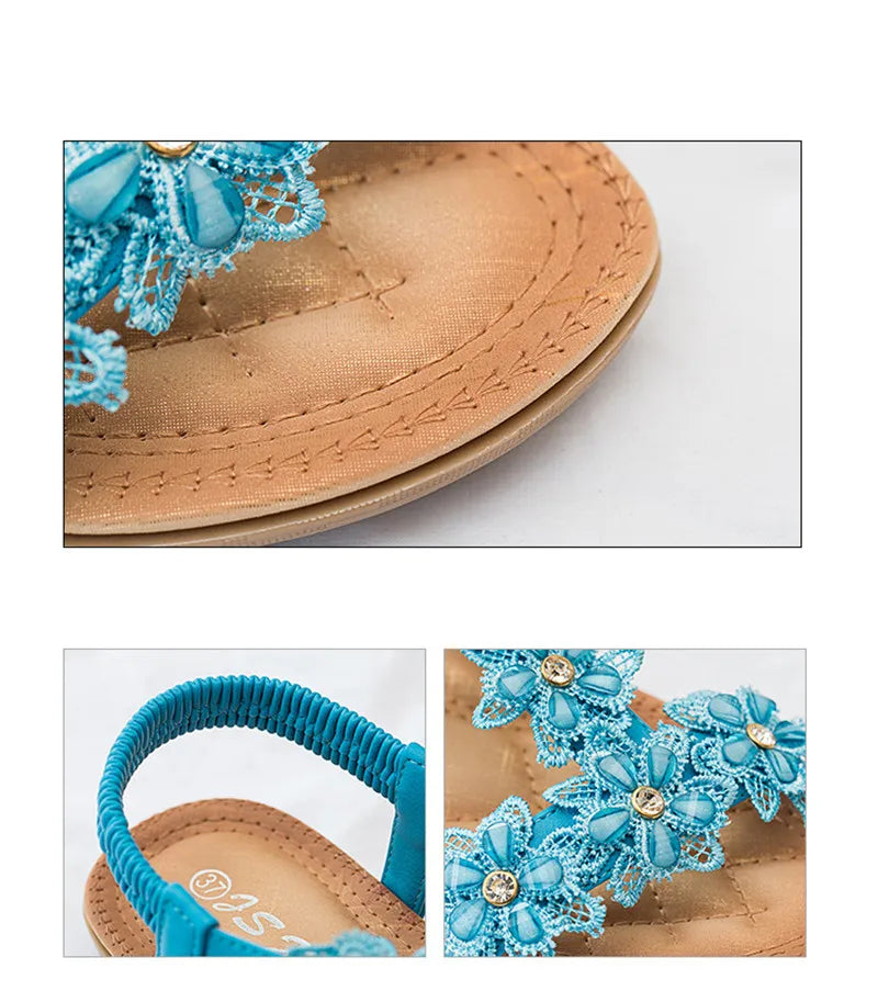 BEYARNEComfortable flat sandals women big size summer shoes woman bohemia flowers rhinestone beach ladies shoes thongs