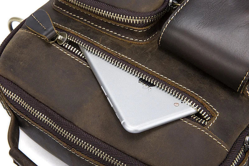 Crazy Horse Genuine Leather Men Shoulder Bag Cowhide Double Zipper Pockets Multifunctional Messenger bag Vintage mini handbag