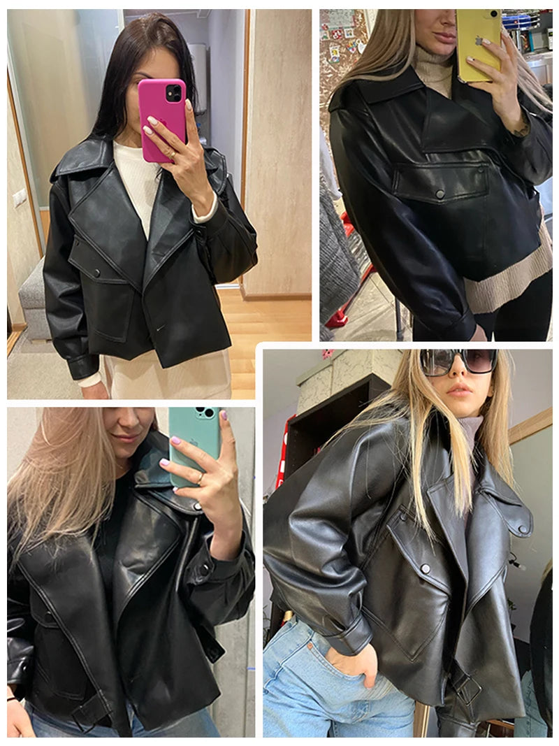 FTLZZ New Spring Women Faux Leather Jacket Biker Red White Coat Turndown Collar PU Motorcycle Jackets Loose Streetwear Outerwear