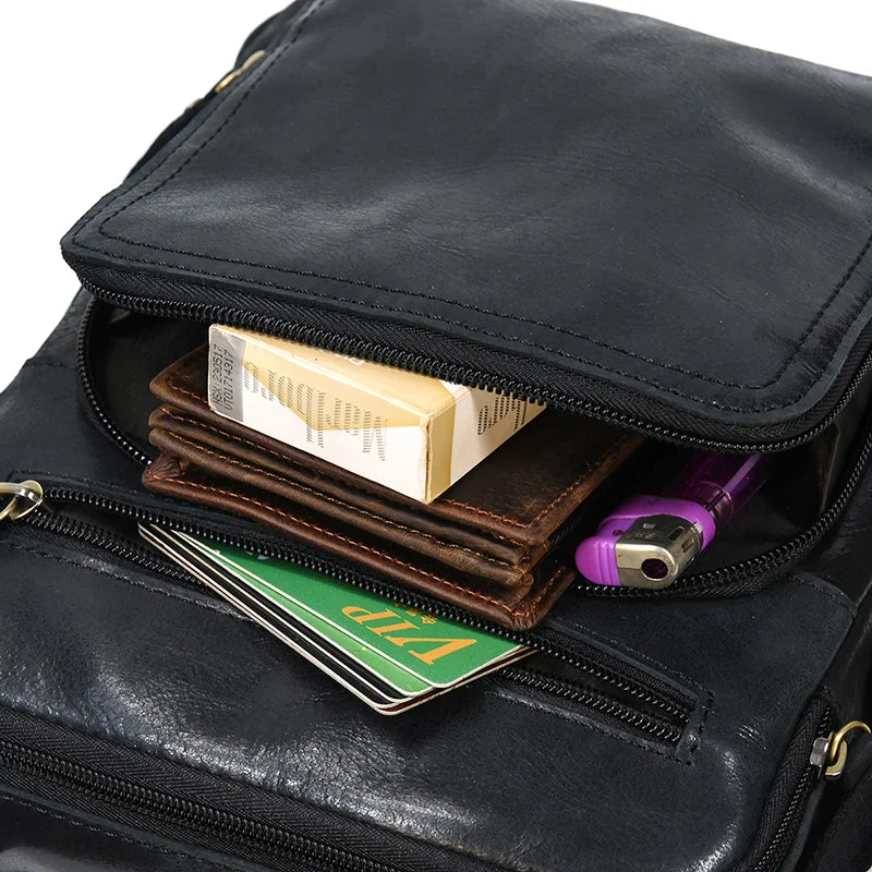 Crazy Horse Genuine Leather Men Shoulder Bag Cowhide Double Zipper Pockets Multifunctional Messenger bag Vintage mini handbag