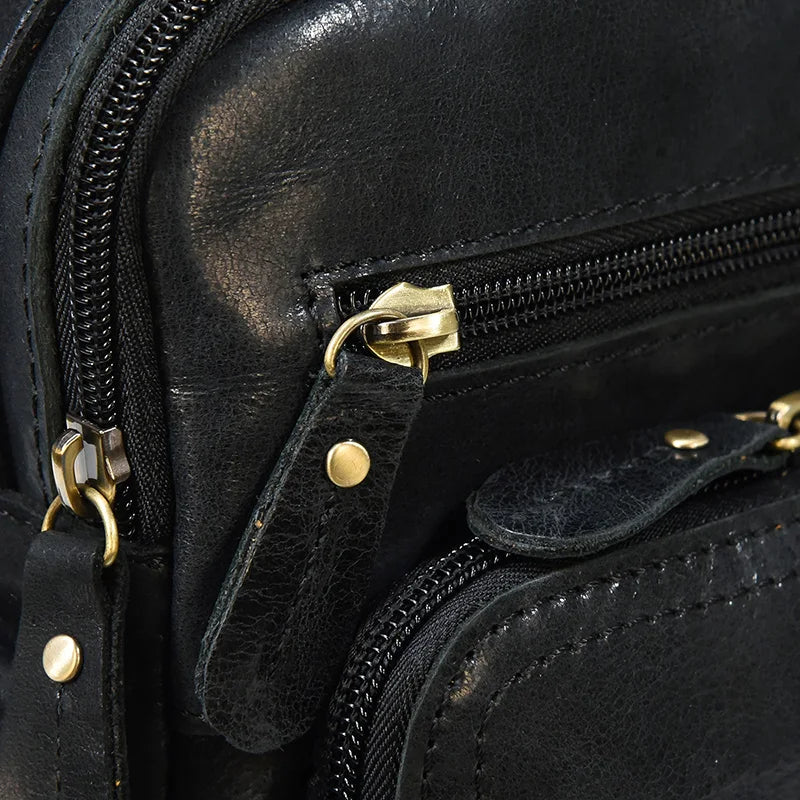 Crazy Horse Genuine Leather Men Shoulder Bag Cowhide Double Zipper Pockets Multifunctional Messenger bag Vintage mini handbag