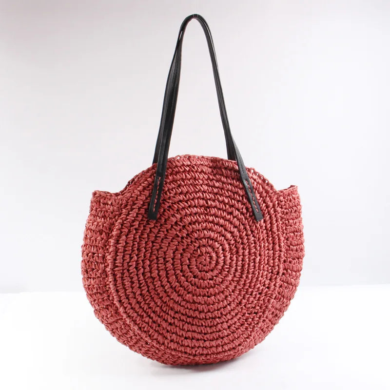 New round straw bag beach bag woven large capacity single shoulder hand crochet Summer girl bag