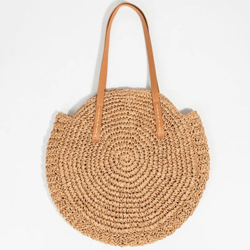 New round straw bag beach bag woven large capacity single shoulder hand crochet Summer girl bag