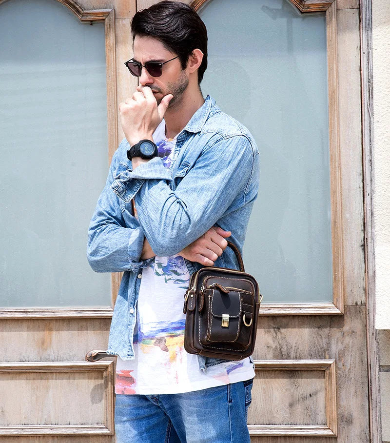 Crazy Horse Genuine Leather Men Shoulder Bag Cowhide Double Zipper Pockets Multifunctional Messenger bag Vintage mini handbag