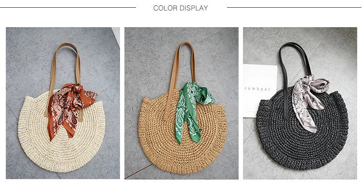 New round straw bag beach bag woven large capacity single shoulder hand crochet Summer girl bag