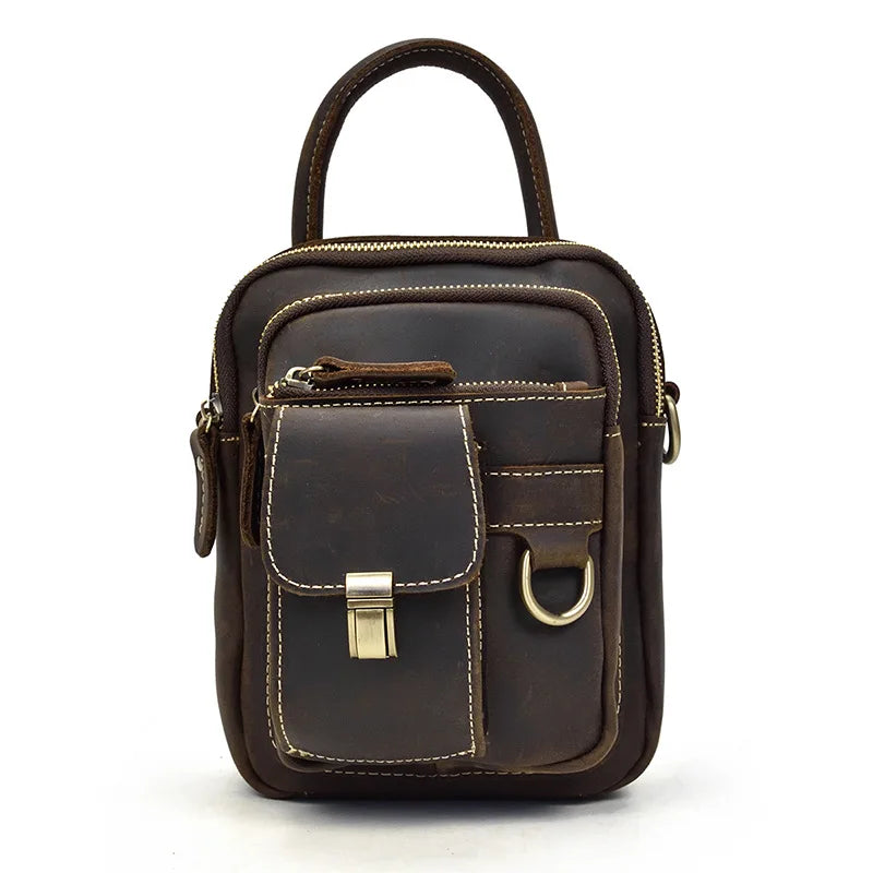 Crazy Horse Genuine Leather Men Shoulder Bag Cowhide Double Zipper Pockets Multifunctional Messenger bag Vintage mini handbag