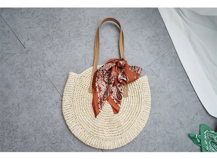 New round straw bag beach bag woven large capacity single shoulder hand crochet Summer girl bag