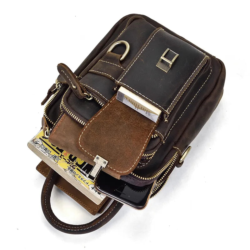 Crazy Horse Genuine Leather Men Shoulder Bag Cowhide Double Zipper Pockets Multifunctional Messenger bag Vintage mini handbag