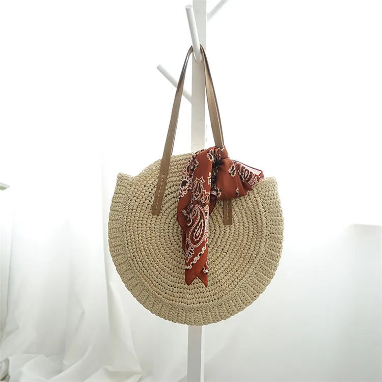 New round straw bag beach bag woven large capacity single shoulder hand crochet Summer girl bag
