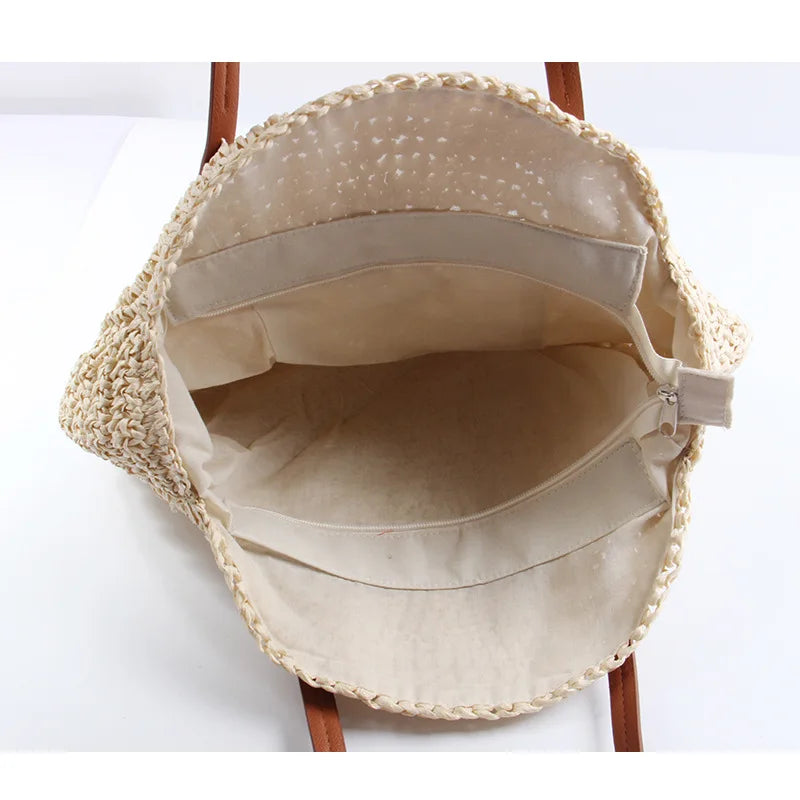 New round straw bag beach bag woven large capacity single shoulder hand crochet Summer girl bag