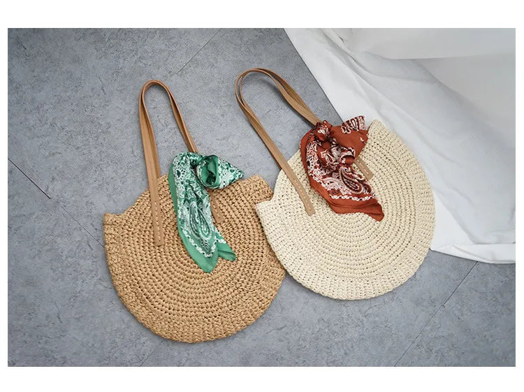 New round straw bag beach bag woven large capacity single shoulder hand crochet Summer girl bag