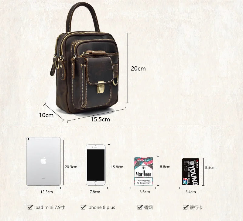 Crazy Horse Genuine Leather Men Shoulder Bag Cowhide Double Zipper Pockets Multifunctional Messenger bag Vintage mini handbag