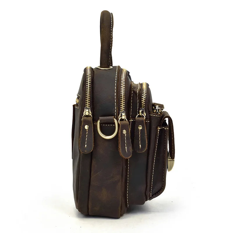 Crazy Horse Genuine Leather Men Shoulder Bag Cowhide Double Zipper Pockets Multifunctional Messenger bag Vintage mini handbag