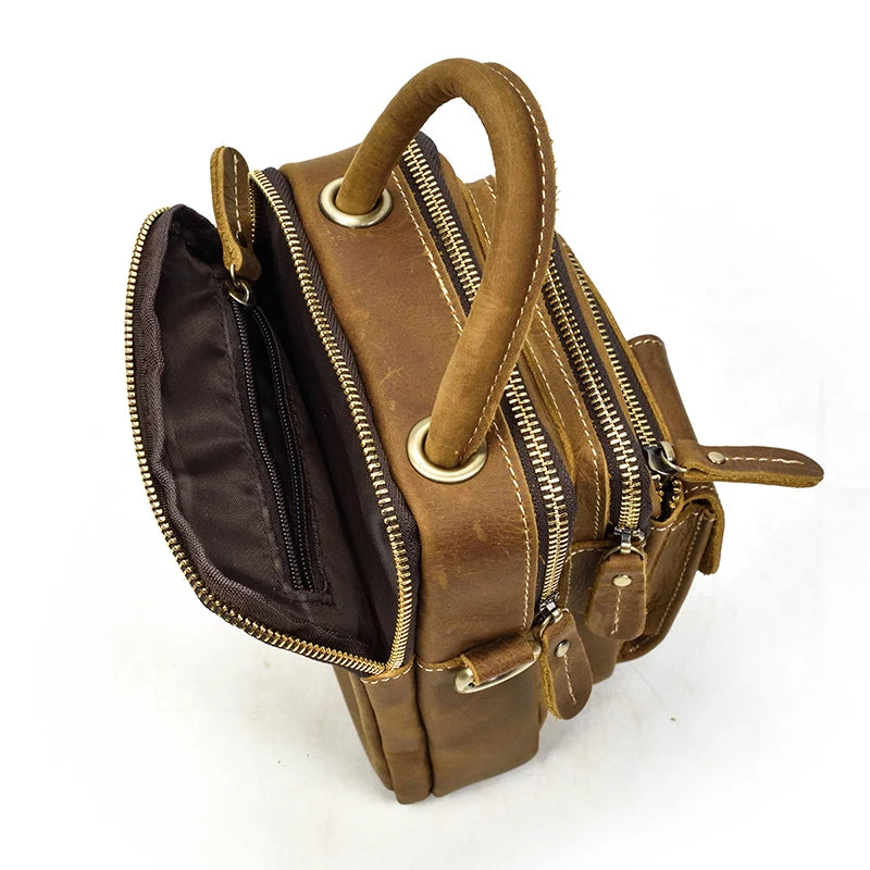 Crazy Horse Genuine Leather Men Shoulder Bag Cowhide Double Zipper Pockets Multifunctional Messenger bag Vintage mini handbag