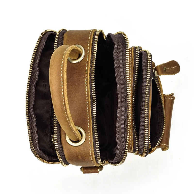 Crazy Horse Genuine Leather Men Shoulder Bag Cowhide Double Zipper Pockets Multifunctional Messenger bag Vintage mini handbag