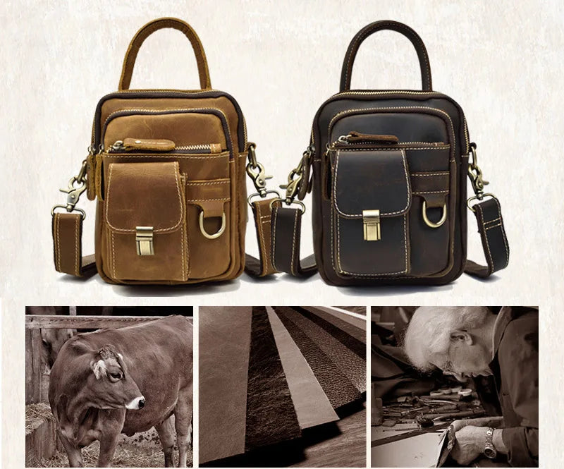 Crazy Horse Genuine Leather Men Shoulder Bag Cowhide Double Zipper Pockets Multifunctional Messenger bag Vintage mini handbag