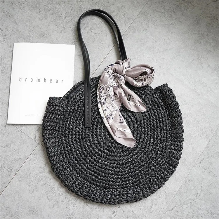 New round straw bag beach bag woven large capacity single shoulder hand crochet Summer girl bag