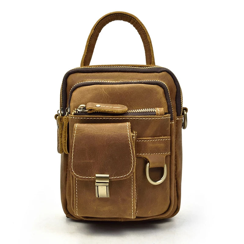 Crazy Horse Genuine Leather Men Shoulder Bag Cowhide Double Zipper Pockets Multifunctional Messenger bag Vintage mini handbag