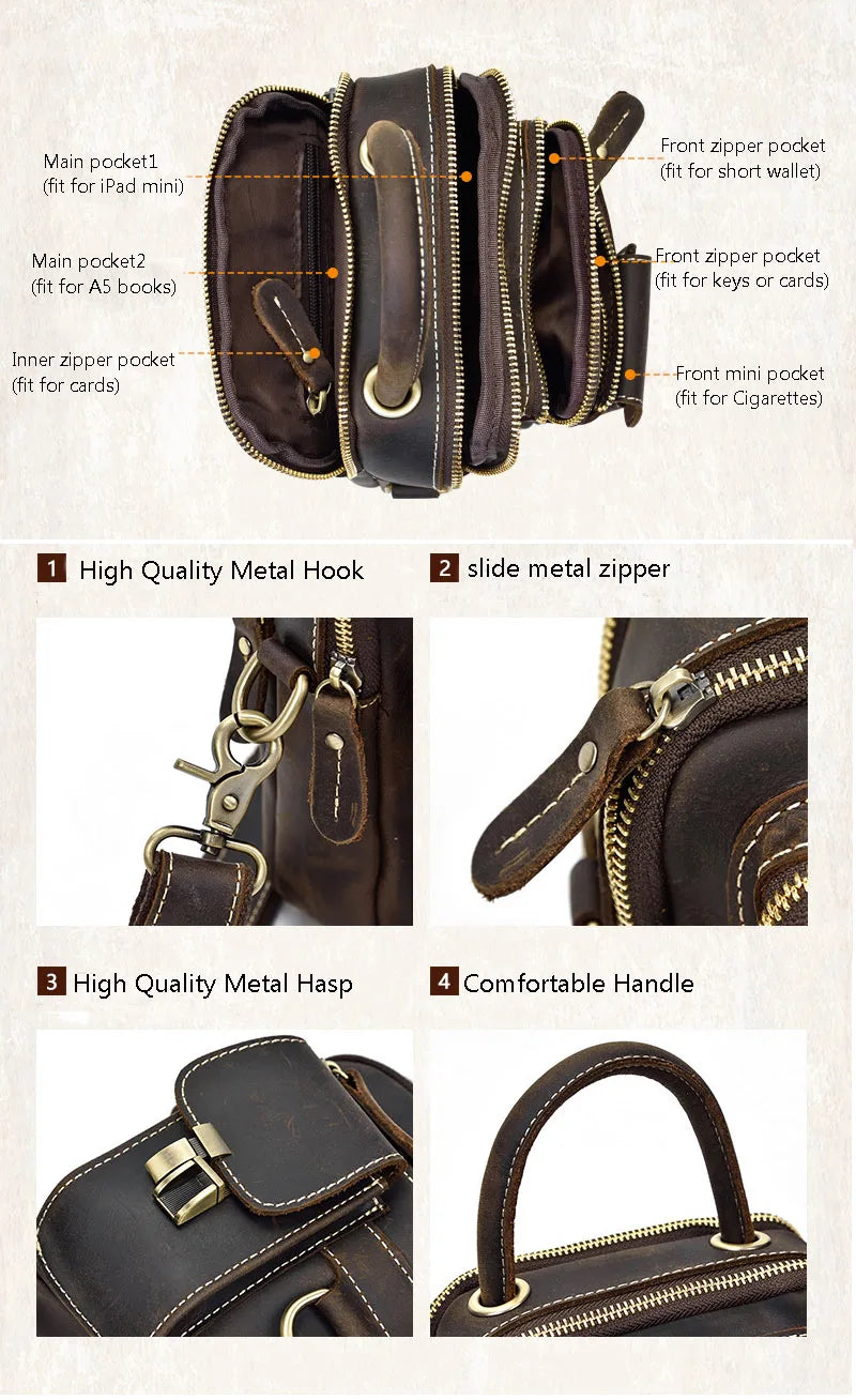 Crazy Horse Genuine Leather Men Shoulder Bag Cowhide Double Zipper Pockets Multifunctional Messenger bag Vintage mini handbag