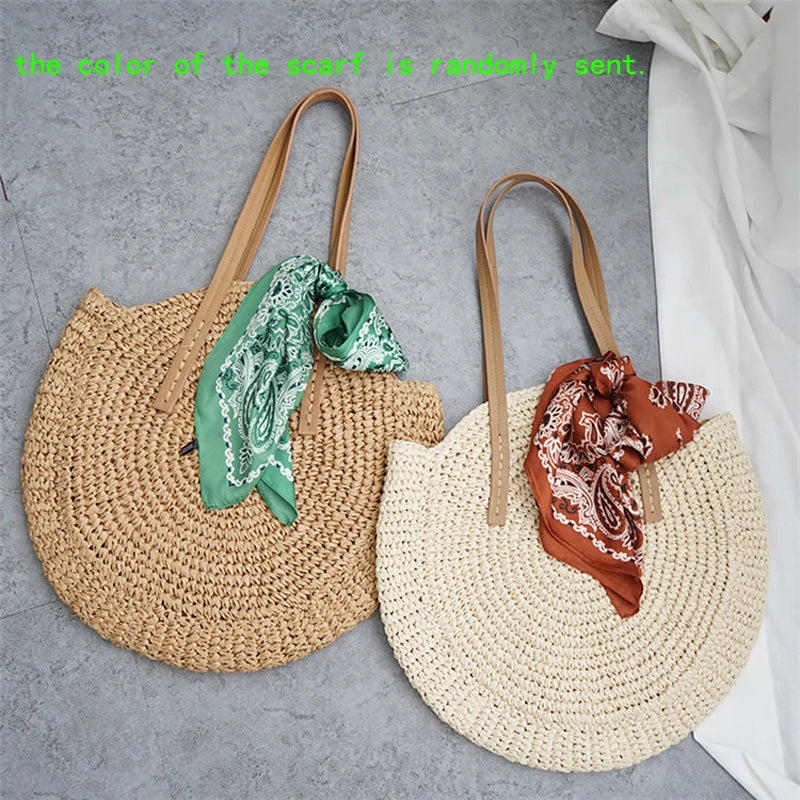 New round straw bag beach bag woven large capacity single shoulder hand crochet Summer girl bag