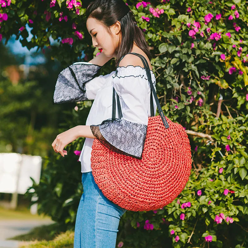 New round straw bag beach bag woven large capacity single shoulder hand crochet Summer girl bag