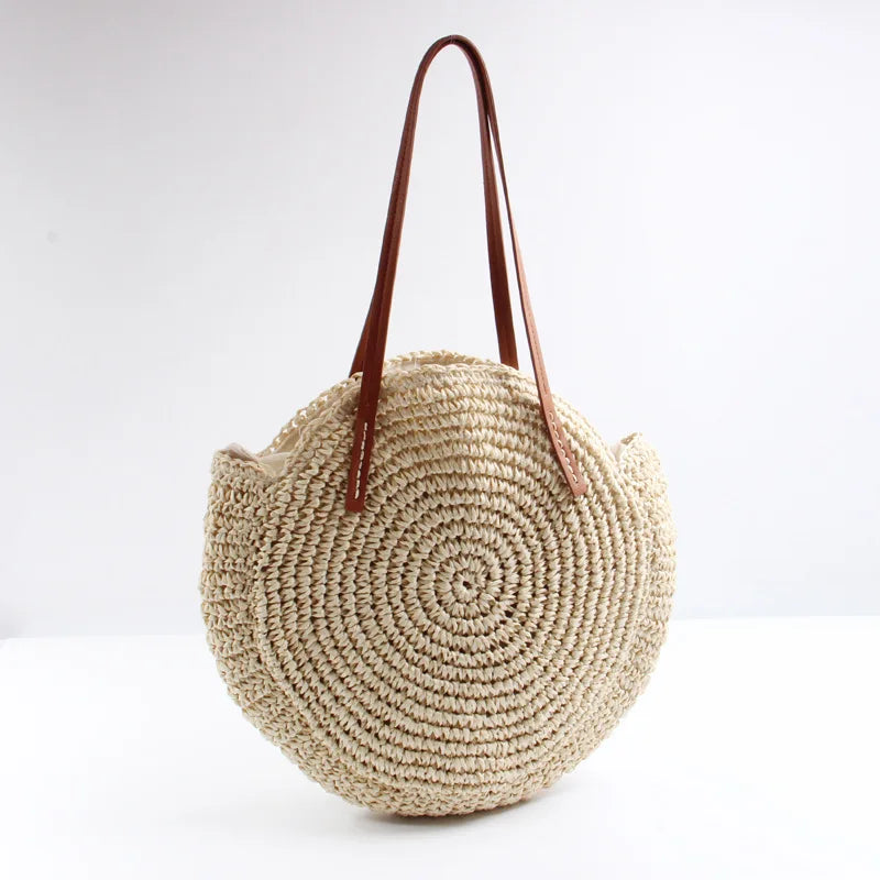New round straw bag beach bag woven large capacity single shoulder hand crochet Summer girl bag