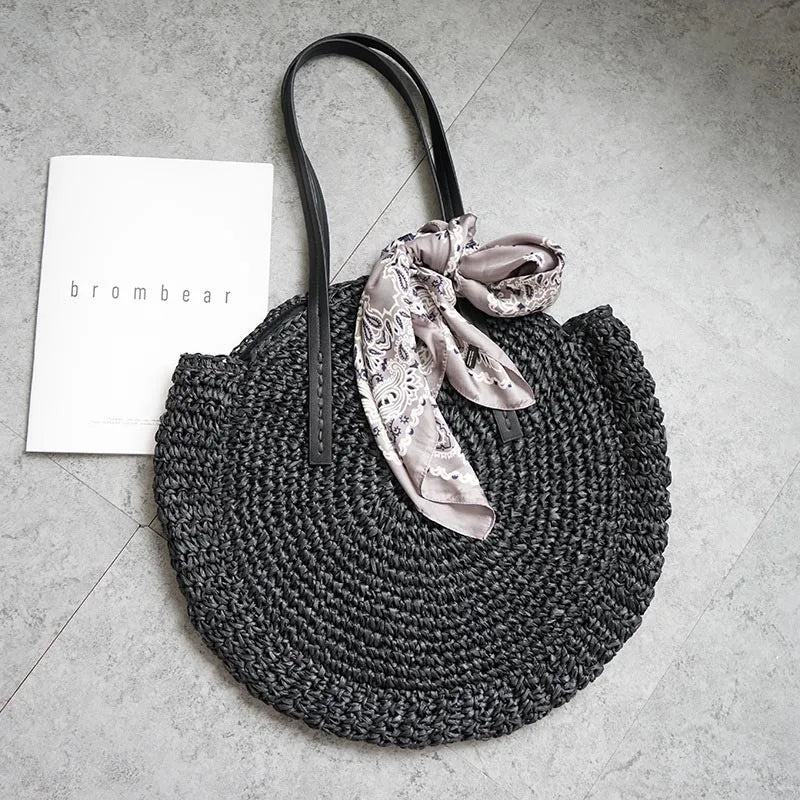 New round straw bag beach bag woven large capacity single shoulder hand crochet Summer girl bag