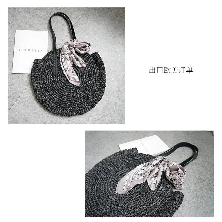 New round straw bag beach bag woven large capacity single shoulder hand crochet Summer girl bag