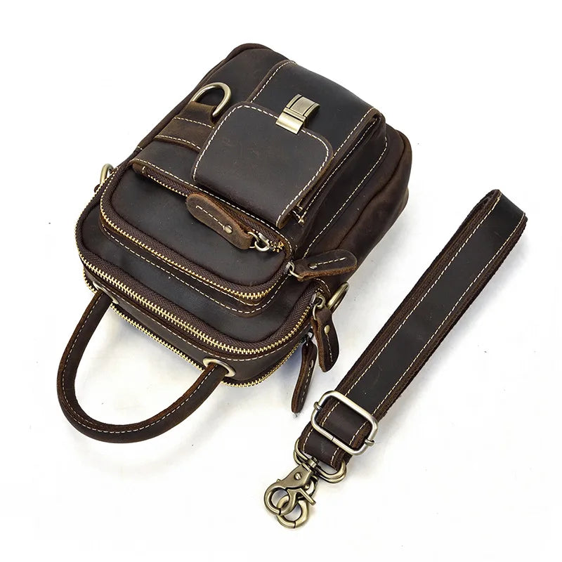 Crazy Horse Genuine Leather Men Shoulder Bag Cowhide Double Zipper Pockets Multifunctional Messenger bag Vintage mini handbag