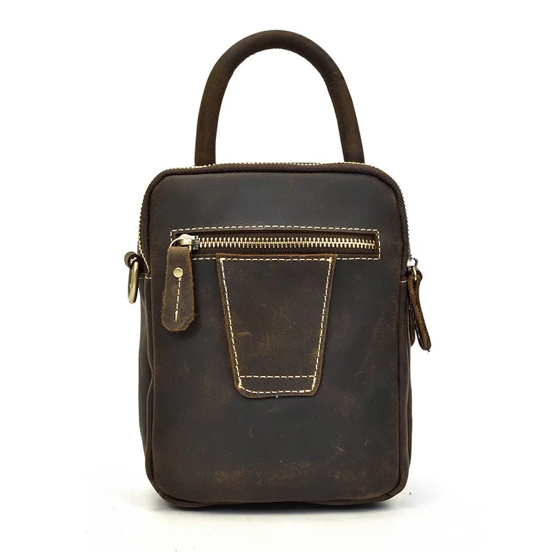 Crazy Horse Genuine Leather Men Shoulder Bag Cowhide Double Zipper Pockets Multifunctional Messenger bag Vintage mini handbag