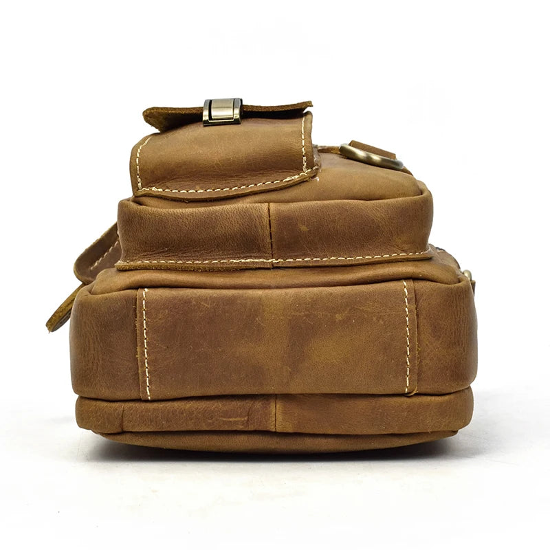 Crazy Horse Genuine Leather Men Shoulder Bag Cowhide Double Zipper Pockets Multifunctional Messenger bag Vintage mini handbag