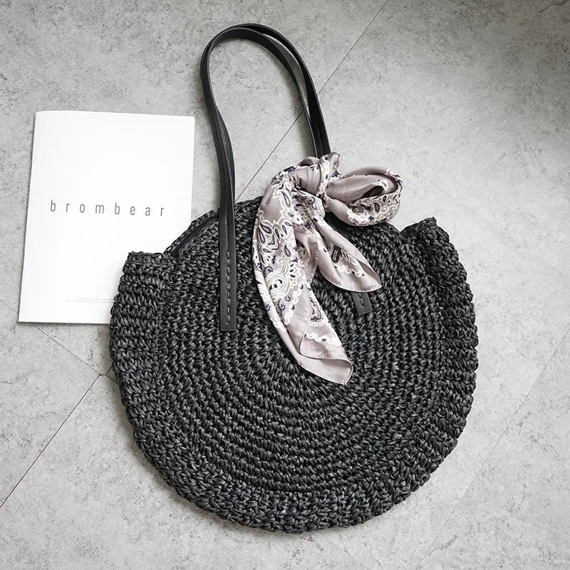New round straw bag beach bag woven large capacity single shoulder hand crochet Summer girl bag