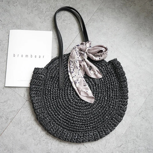 New round straw bag beach bag woven large capacity single shoulder hand crochet Summer girl bag
