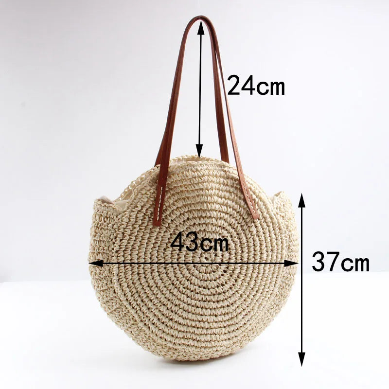 New round straw bag beach bag woven large capacity single shoulder hand crochet Summer girl bag