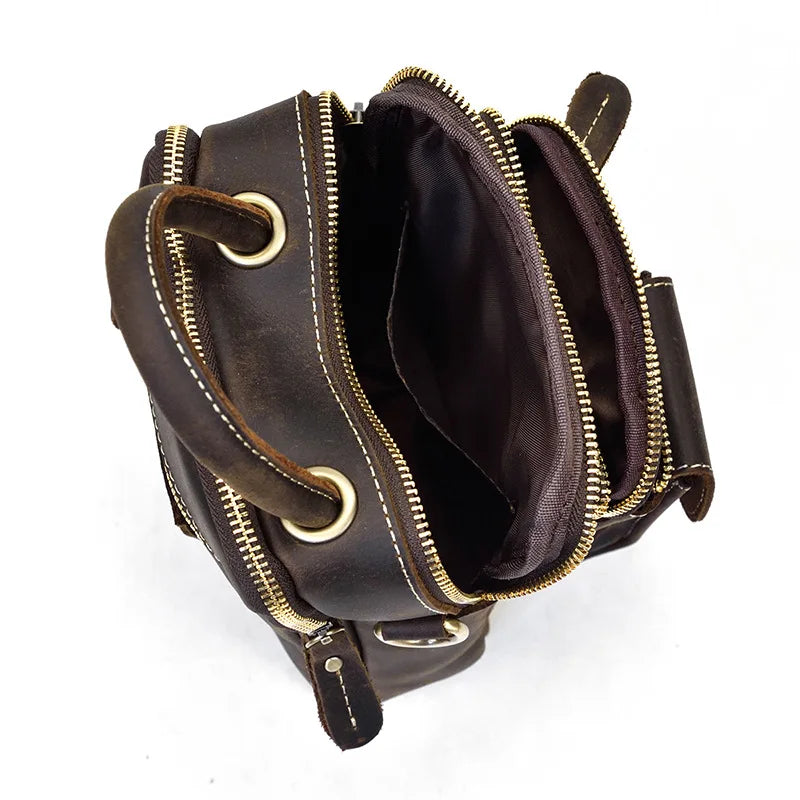 Crazy Horse Genuine Leather Men Shoulder Bag Cowhide Double Zipper Pockets Multifunctional Messenger bag Vintage mini handbag