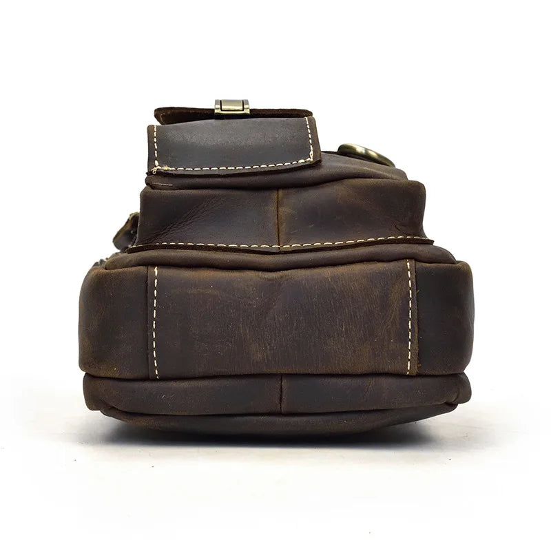 Crazy Horse Genuine Leather Men Shoulder Bag Cowhide Double Zipper Pockets Multifunctional Messenger bag Vintage mini handbag