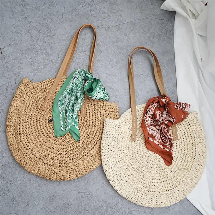New round straw bag beach bag woven large capacity single shoulder hand crochet Summer girl bag