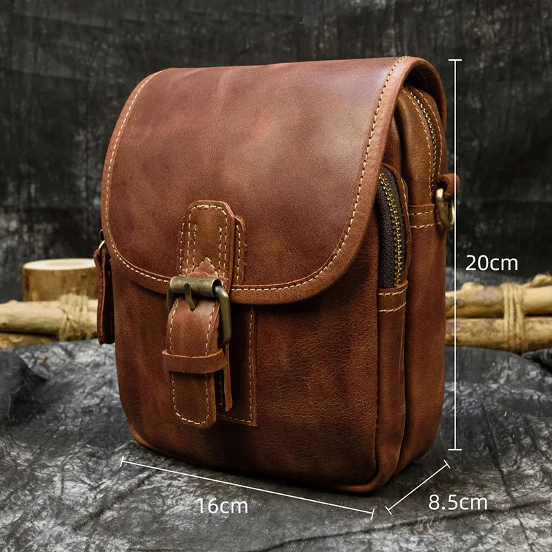 Crazy Horse Genuine Leather Men Shoulder Bag Cowhide Double Zipper Pockets Multifunctional Messenger bag Vintage mini handbag