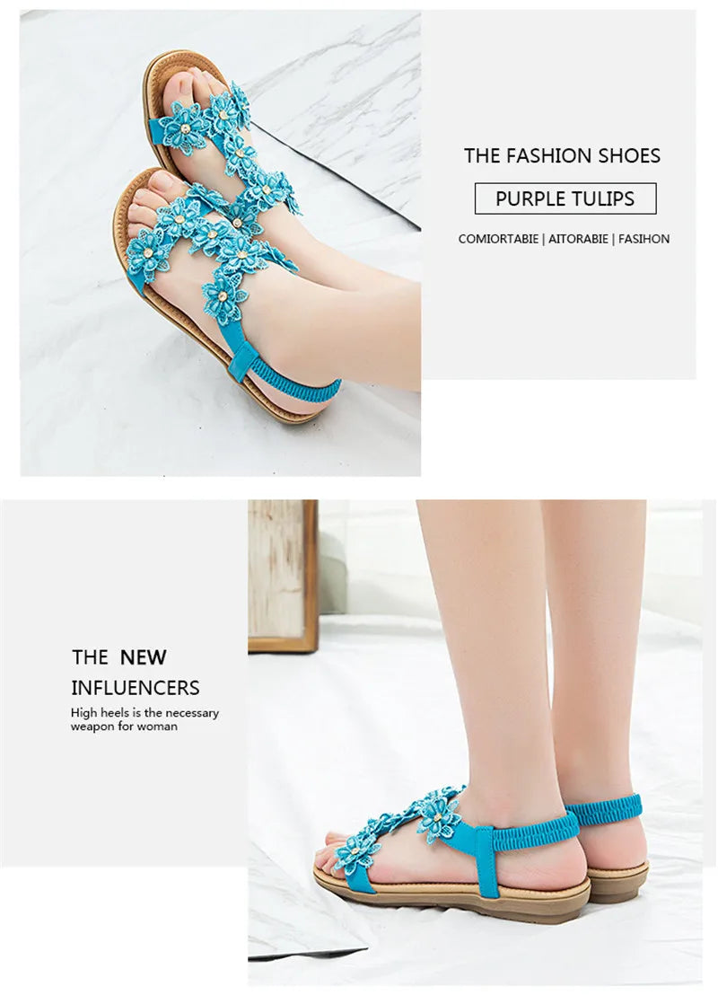 BEYARNEComfortable flat sandals women big size summer shoes woman bohemia flowers rhinestone beach ladies shoes thongs