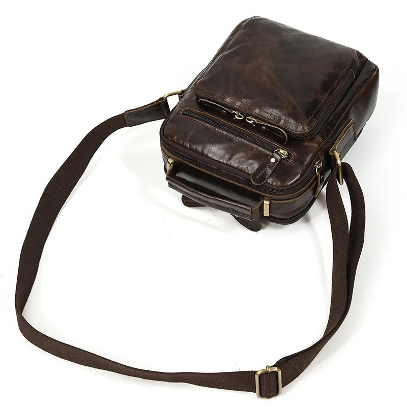 Crazy Horse Genuine Leather Men Shoulder Bag Cowhide Double Zipper Pockets Multifunctional Messenger bag Vintage mini handbag