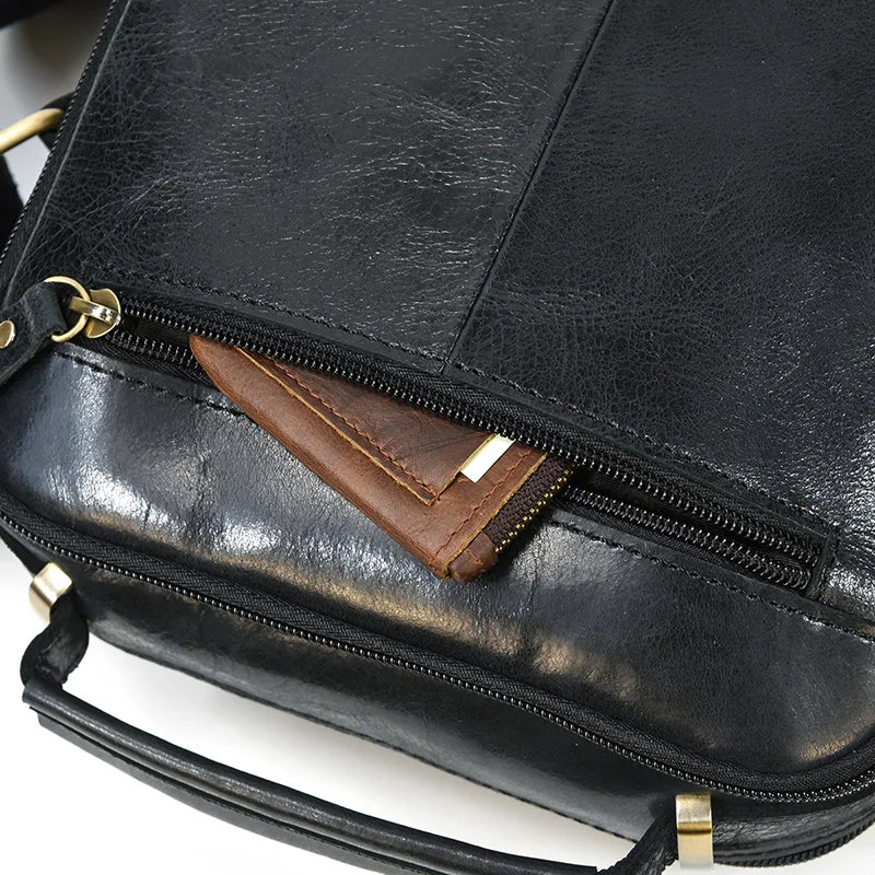 Crazy Horse Genuine Leather Men Shoulder Bag Cowhide Double Zipper Pockets Multifunctional Messenger bag Vintage mini handbag