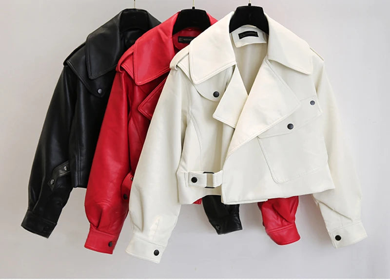 FTLZZ New Spring Women Faux Leather Jacket Biker Red White Coat Turndown Collar PU Motorcycle Jackets Loose Streetwear Outerwear